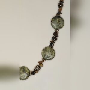 Green Stone Necklace with Tan Stone and Silver Accents